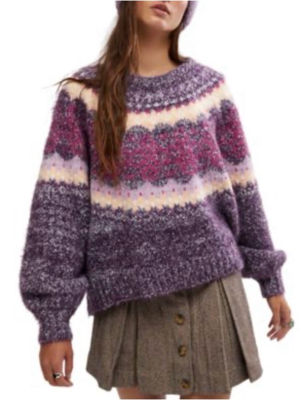 Free People Festive Frost Cozy Fair Isle Purple Patterned Women's Sweater